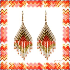 New Burnished Gold Coral Gold & White Seed Bead Statement Fashion Earrings
